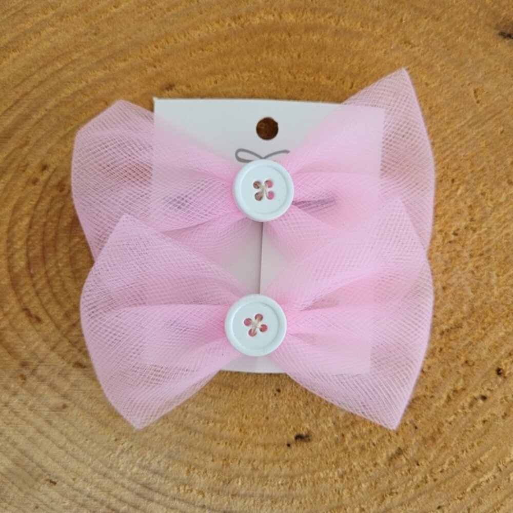 Handmade 2 Pink Tulle White Button Bow Hair Clips Pack